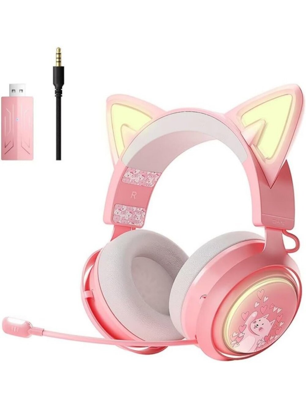 Wireless Cat Ear Gaming Headset with RGB Lights, 7.1 Surround Sound, Mic, 10H